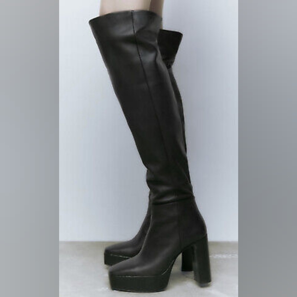 Zara Black Leather Over-the-knee Platform Boots - Picture 1 of 3